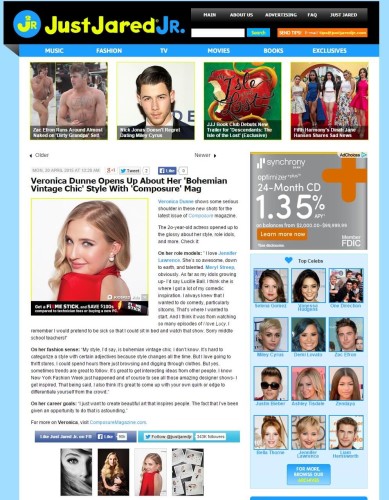 Just Jared Jr. features actress Veronica Dunne feature by Composure Magazine